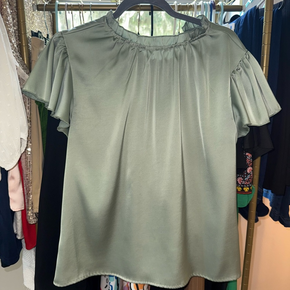 Green Ruffled Blouse with Elastic Neckline